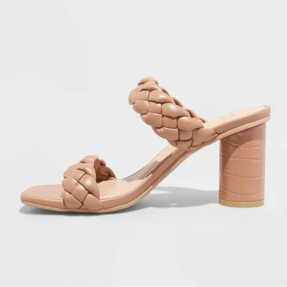 Leather braided mule sandal heels nude 6.5 - Picture 2 of 8